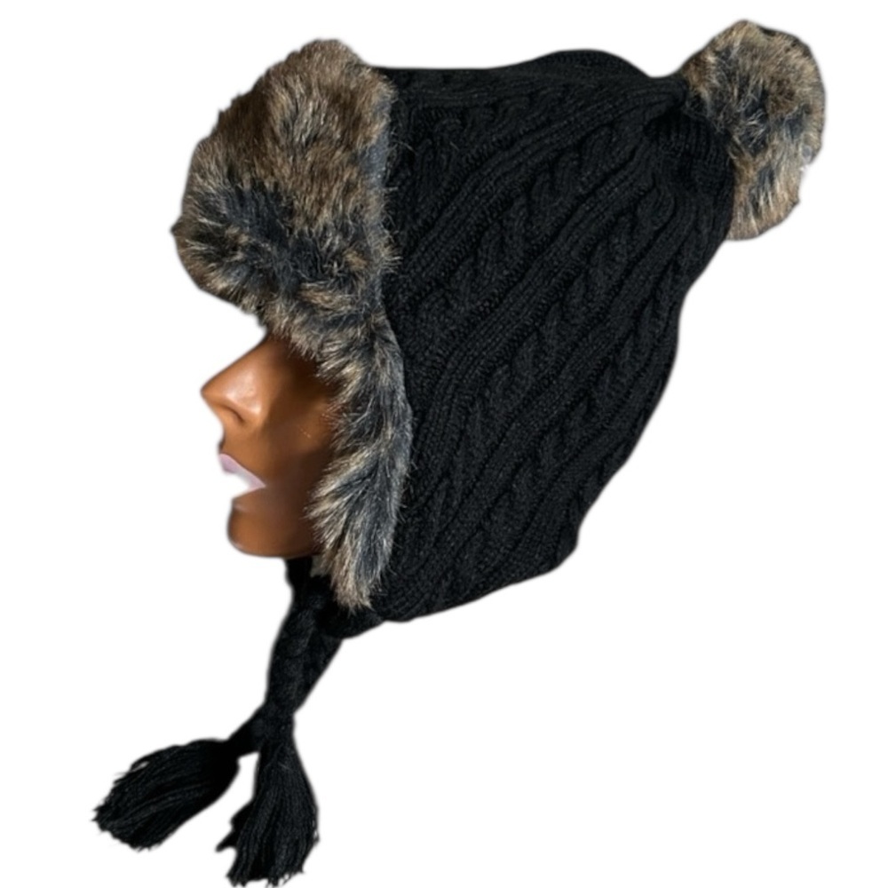 Ardene Black Cable Knit Cozy Winter Trapper Hat with Faux Fur Trim and Ear Flaps